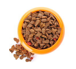 Bowl of dry pet food on white background, top view