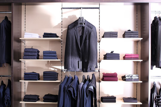 Variety of men's clothes in boutique