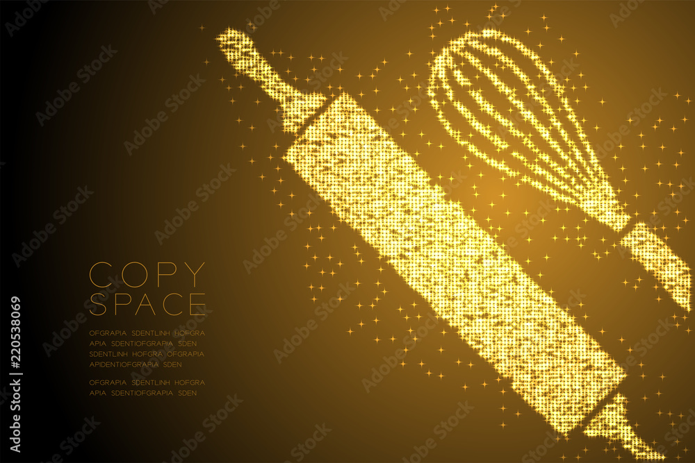 Poster abstract shiny bokeh star pattern rolling pin and whisk shape, bakery concept design gold color illu