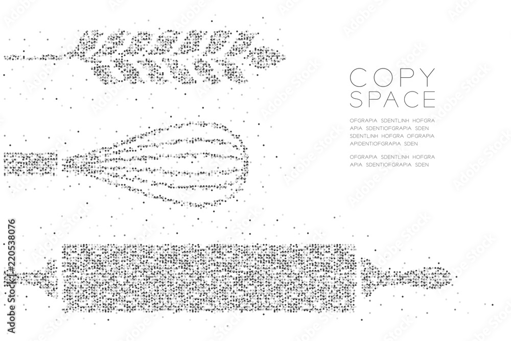 Poster abstract geometric circle dot pixel pattern rolling pin, whisk and wheat shape, bakery concept desig
