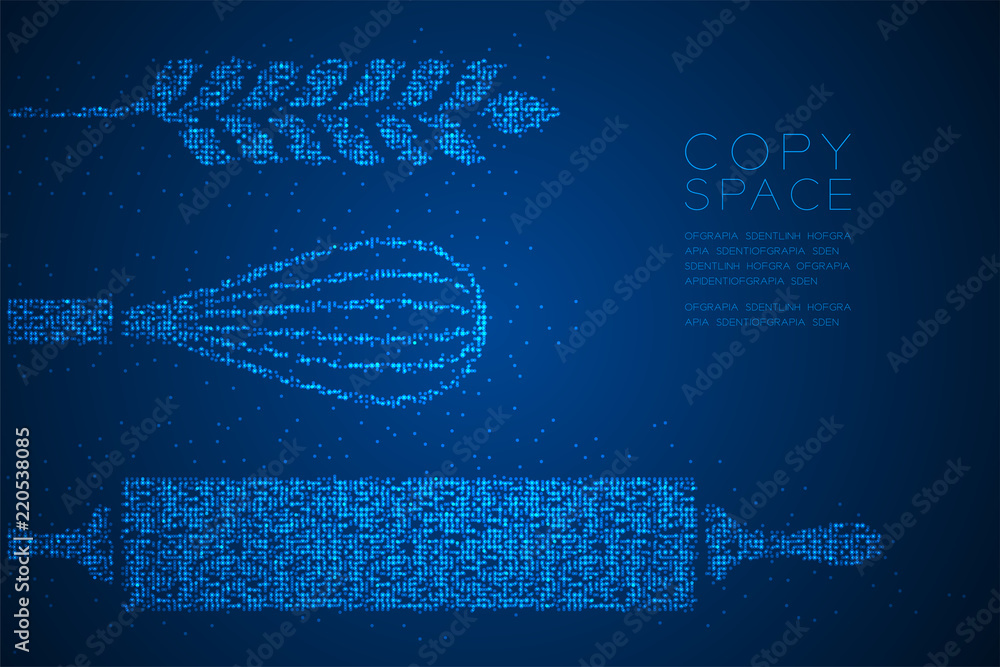 Poster abstract geometric bokeh circle dot pixel pattern rolling pin, whisk and wheat shape, bakery concept