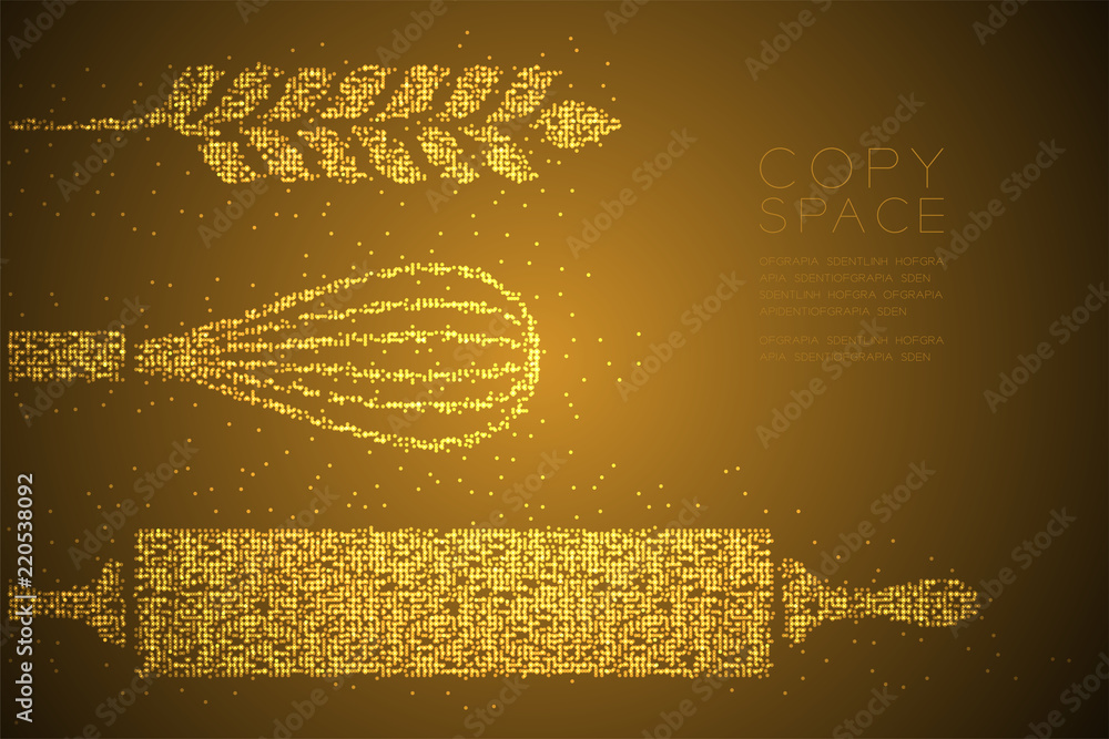 Poster abstract geometric bokeh circle dot pixel pattern rolling pin, whisk and wheat shape, bakery concept