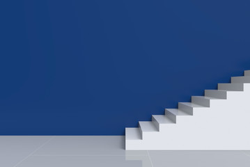 3d rendering. modern white stairs with blue cement copy space wall background.