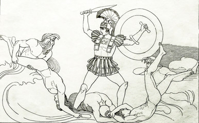 Fototapeta na wymiar The hero Achilles in an engraving of 1700