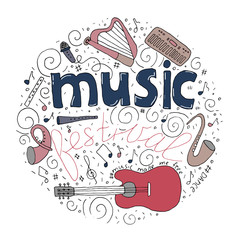 Music festival concept in circle in hand drawn doodle style. Vector musical objects set. Template for banners, posters etc.