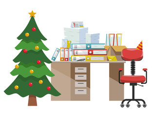 Flat vector illustration of Office equipment at white background: new-year tree, stack of paper documents folders and file folders in cardboard boxes on office table, red chair with paper cap