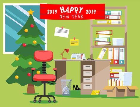 Flat vector illustration of office interior decorated for the new year. Office equipment at green wall with window: new-year tree, banner with congratulations, , stack of paper documents folders