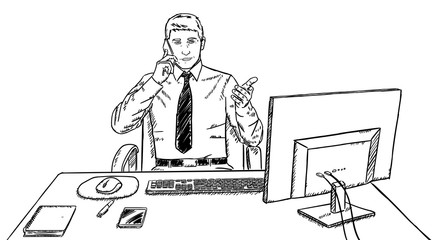 Sketch style doodle of businessman talking on mobile phone at his desk at work