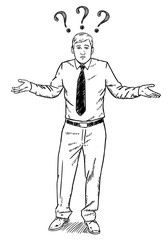 Sketch style doodle of businessman with question mark over his head