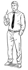 Illustration of businessman standing with a cup of coffee