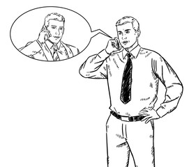 Sketch style illustration of two businessmen talking on mobile phone