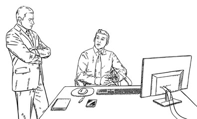 Sketch doodle style businessman playing video at work and his boss is angry at him