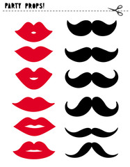 Printable Vector Photo Booth Props. Party Props Set. Various Shape of Red Lips and Black Moustache. Do It Yourself Set.