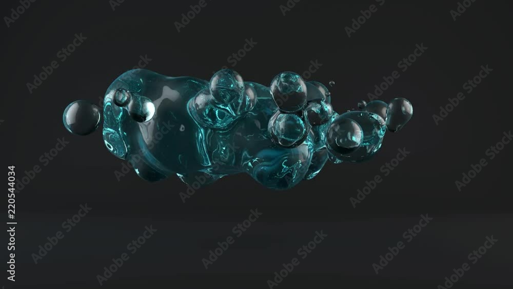 Poster 3d animation of water droplets that disintegrate and merge in zero gravity.