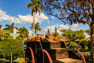Public park in El Salvador in front of a catholic cathedral.  - obrazy, fototapety, plakaty