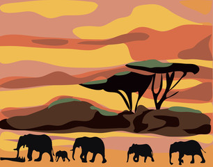 African landscape with tree and elephants silhouette. Flat design Africa landscape.