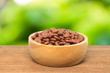 Close up view of pinto bean in wooden bowl with boken background