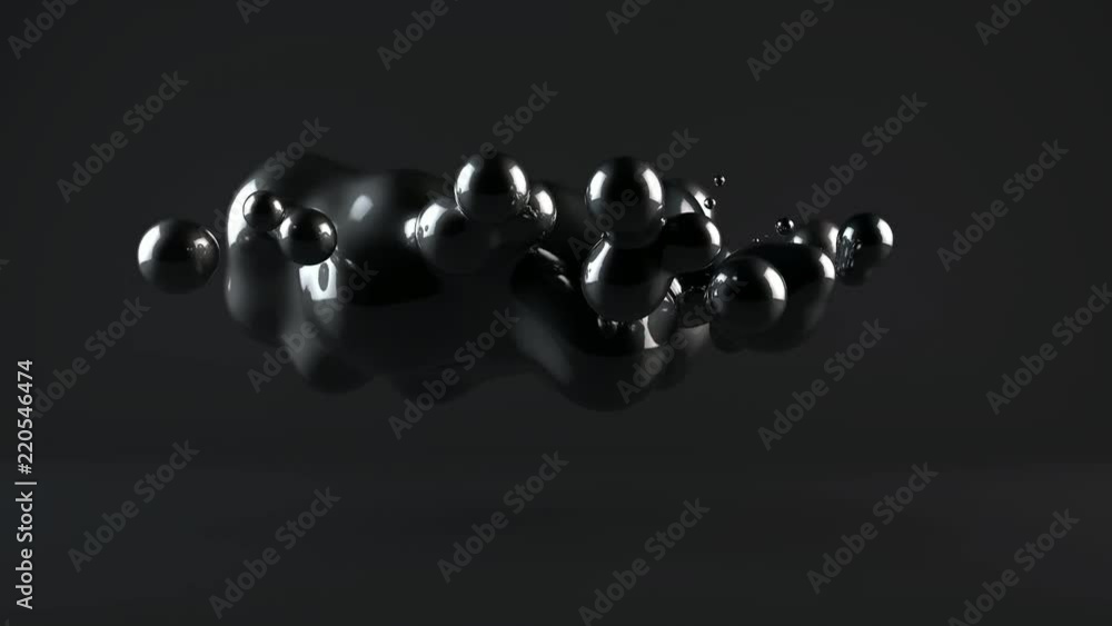 Poster 3d animation of drops that disintegrate and merge in zero gravity.