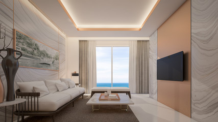 Luxury living room in suite room with sea view , 3d rendering