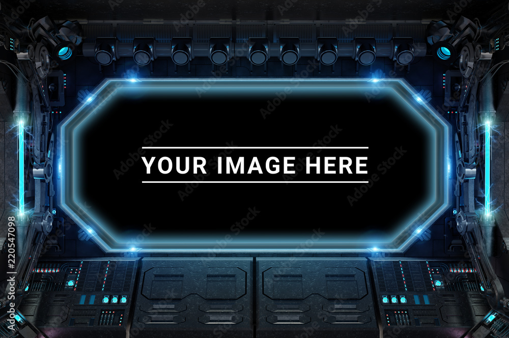 Poster Dark spaceship interior with large window view 3D rendering