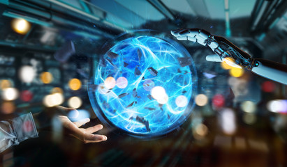 White robot hand creating energy ball 3D rendering
