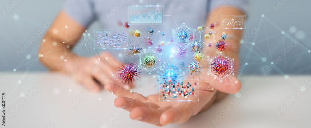 Poster businessman analyzing bacteria microscopic close-up 3d rendering