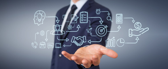 Businessman using thin line icon project plan presentation