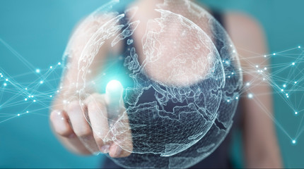 Businesswoman using planet earth network sphere 3D rendering