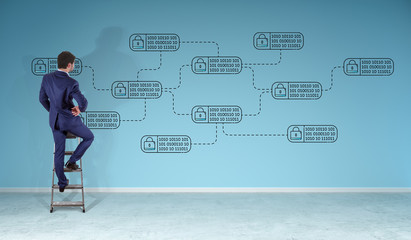 Businessman watching thin line web security interface