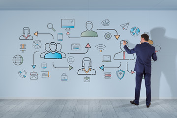 Businessman drawing thin line social network icons interface