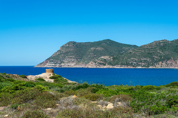 Naklejka na ściany i meble Landscape of sardinian coast with ancient tower