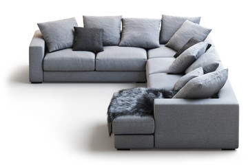 Modern gray textile sofa with pillows and plaid. 3d render