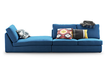 Modern dark blue textile sofa with colored pillows and plaid. 3d render