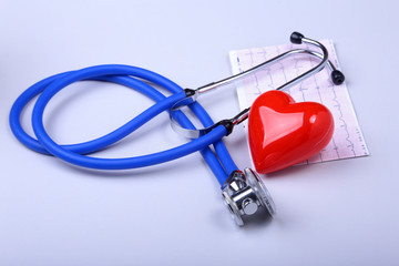 Stethoscope, RX prescription, red heart and assorted pills on white table with space for text.