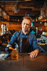 Male bartender in apron works at the bar counter