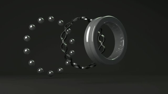3D animation ball bearing, which is then split into its component parts and is connected.