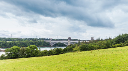 Brittiania Bridge between Anglesey and mainland of North Wales, UK. The  new bridge, opened in 1970.