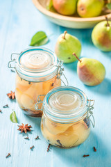 Natural and juicy pickled pears in summer
