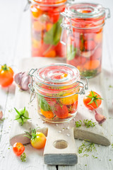 Preparation for fresh canned red tomatoes in the jar