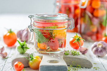 Natural and healthy canned red tomatoes in summer