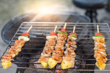  barbecue and roast pork with  vegetable , slice papaya , green pepper, onion, on grille charcoal stove . thai street food
