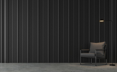 Modern loft living room with black steel slats 3d render.There are concrete floors , Decorate wall with pattern of  black steel slats.Furnished with dark gray fabric chair. - obrazy, fototapety, plakaty