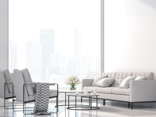 Modern white living room with city view 3d render,Decorate with white fabric and black metal furniture ,The room has large windows,Sunlight shines into the room. © onzon