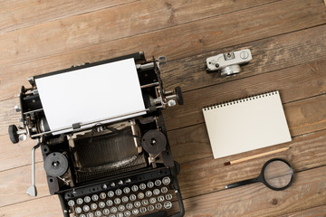Top view of retro style typewriter in studio