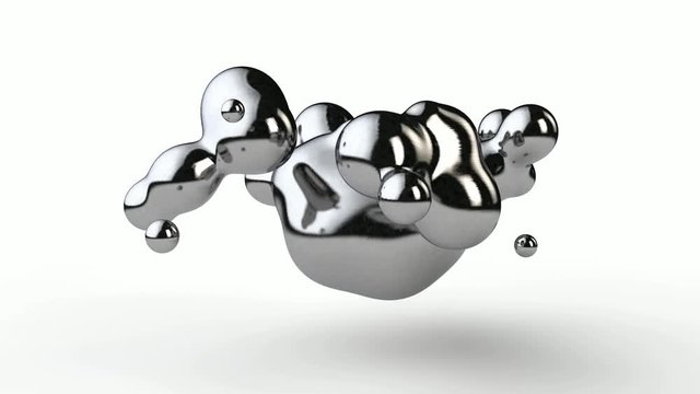 3D animation of drops of liquid metal, chromium and mercury, or silver, which disintegrate and merge in zero gravity.