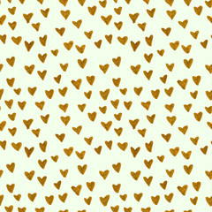 Hand Drawn golden hearts. Seamless mint pattern with gold hearts. Valentine's Day. Gift wrap, print, cloth, cute background for a card. Gold heart on mint background. 