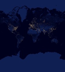 Map of the world at night in Mercator projection - shaded relief, the map colors gradually blend into one another across regions and from lowlands to highlands - 3D rendering