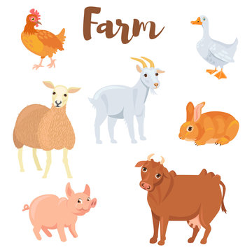 Farm animals set in flat style isolated on white background. ute animals collection. Vector illustration.
