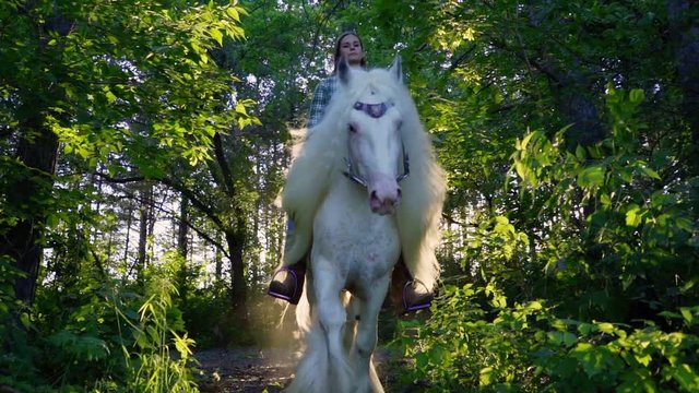 A young girl is riding on a beautiful white horse in the forest.