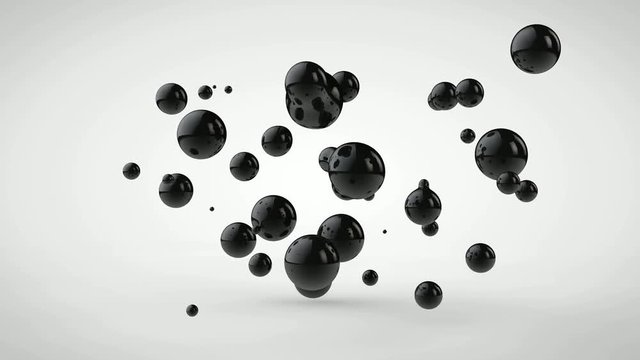 3D animation of white black balls that come out of one big and merge with it.